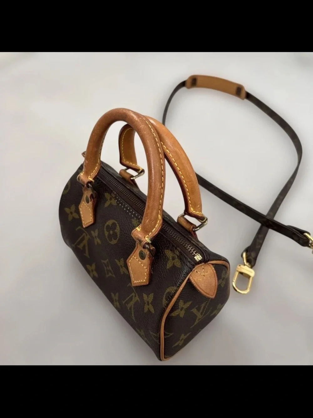 Louis Vuitton Brown Monogram Mini Speedy with Tan Trim and Long Strap